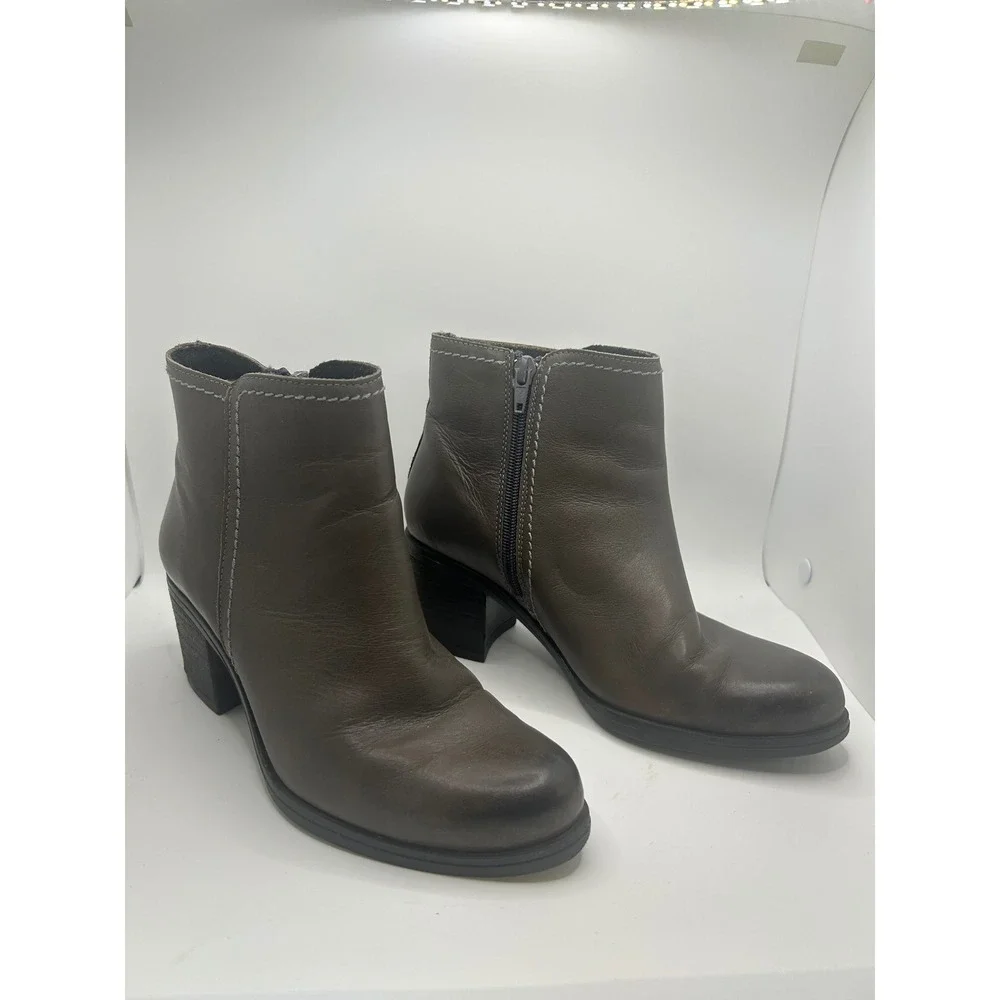 Eric Michaels Leather Ankle Boots Gray Brown Block Heel Contrast Stitch Size 36